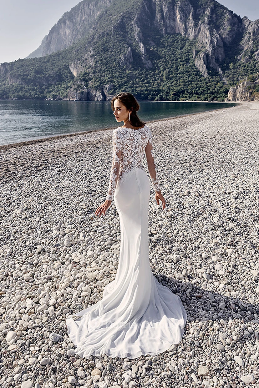 Sheath V-Neck Long-Sleeve Chiffon Wedding Dress With Illusion view 2