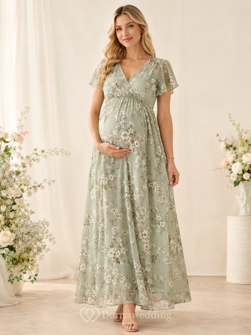 Robe de maternité Sage Floral à col en V, manches papillon, en mousseline, longueur cheville, style empire