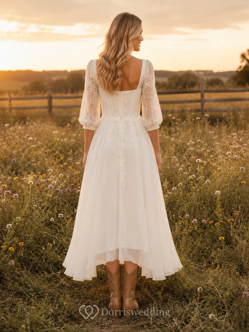 Square Neck Tea-Length Country Wedding Dress with Long Sleeves and Ruffles Casual Romantic A-Line Tulle view 2