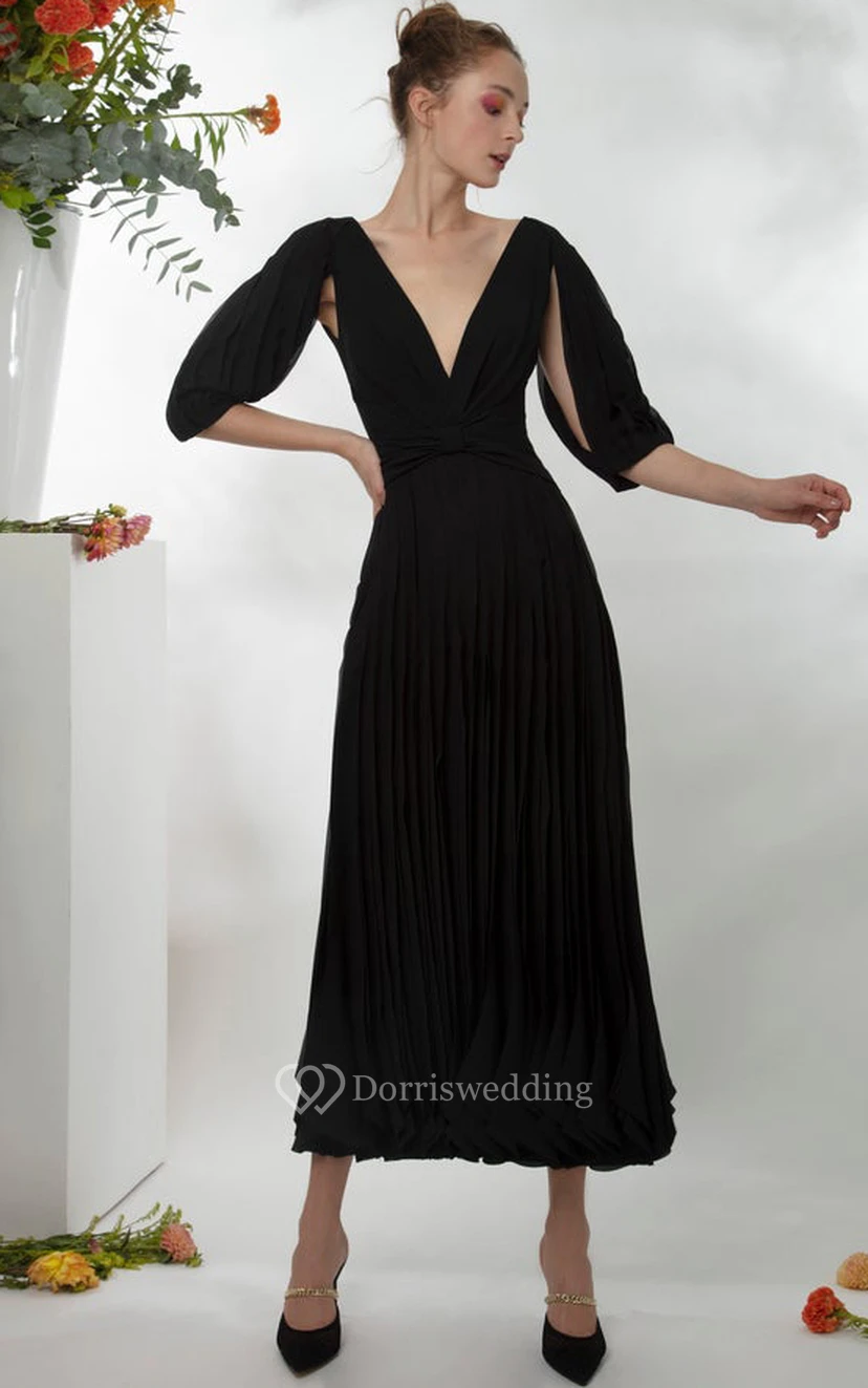 Vestido de cóctel sexy de gasa con escote pronunciado, mangas cortas y fruncido, con espalda en V baja.