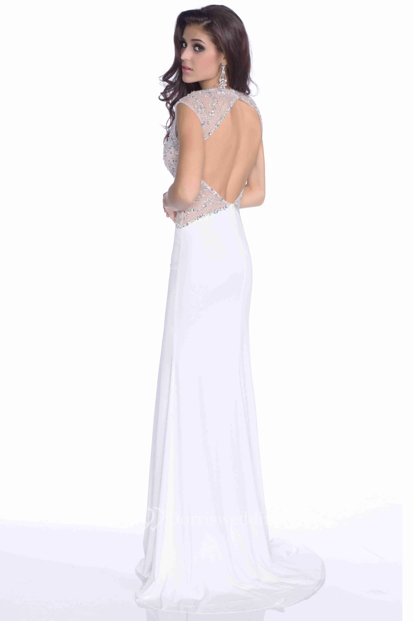 A-Line Jersey V-Neck Prom Dress With Bling Sequins And Keyhole Back view 2