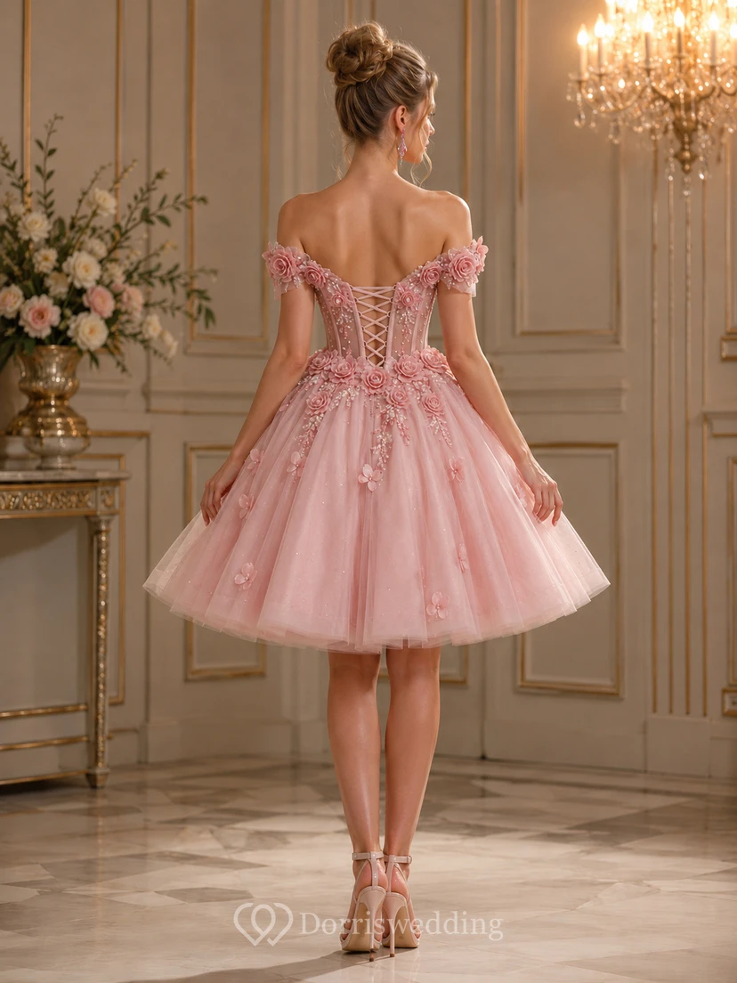 Pink Off-Shoulder Floral Sequined Mini Dress view 2