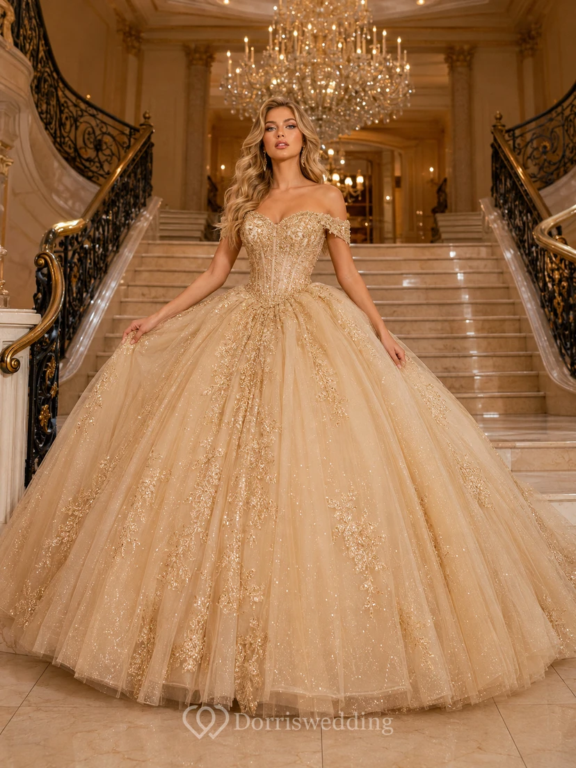 Vestido de baile de princesa de lujo con escote palabra de honor y brillo dorado para quinceañera en el Hotel Champagne.