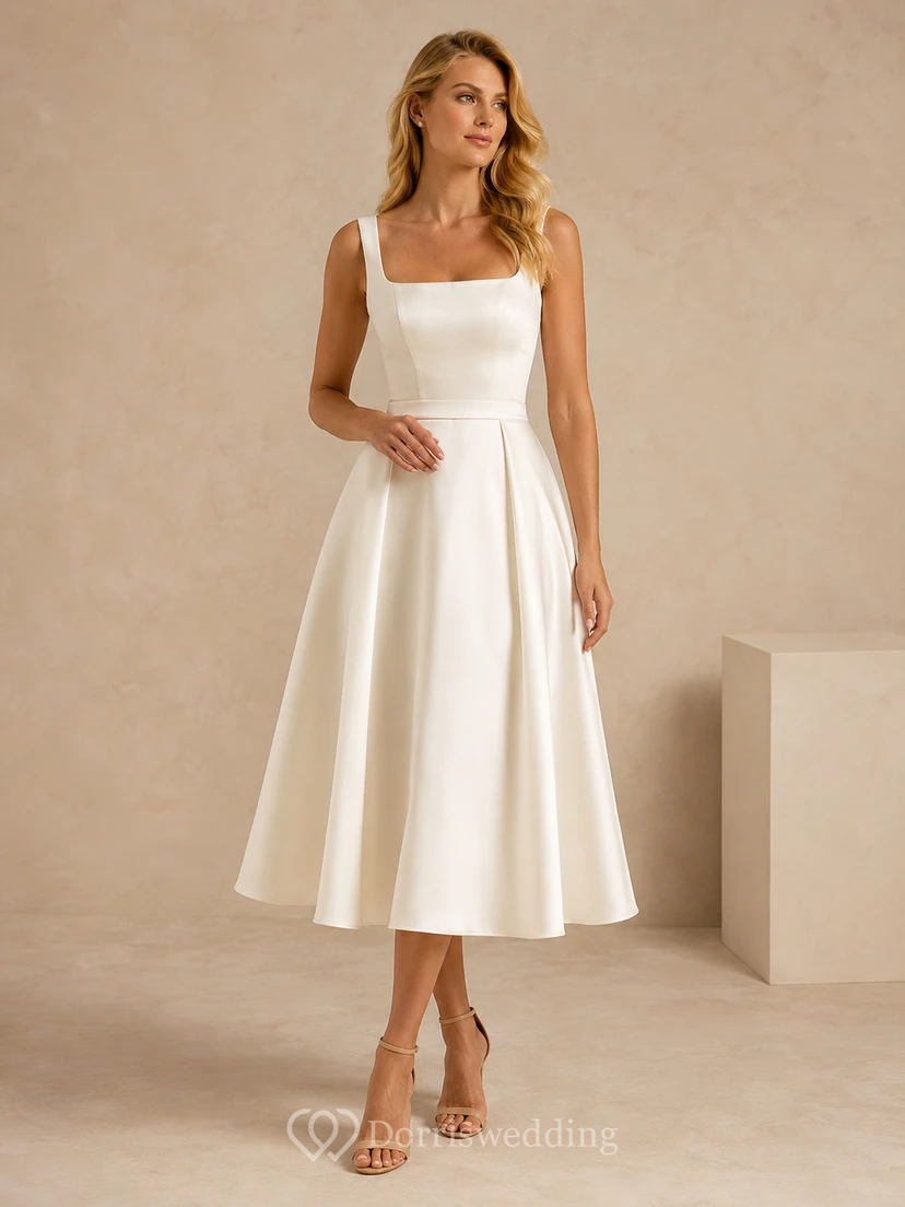 Robe de mariée minimaliste midi en satin à col carré et coupe trapèze, à prix abordable
