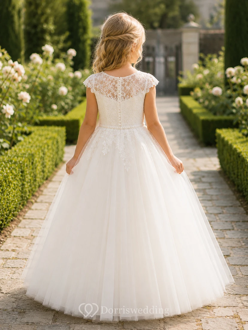 Flower Girl Dress Ivory Lace Tulle A-Line Jewel Neck Tea Length view 2