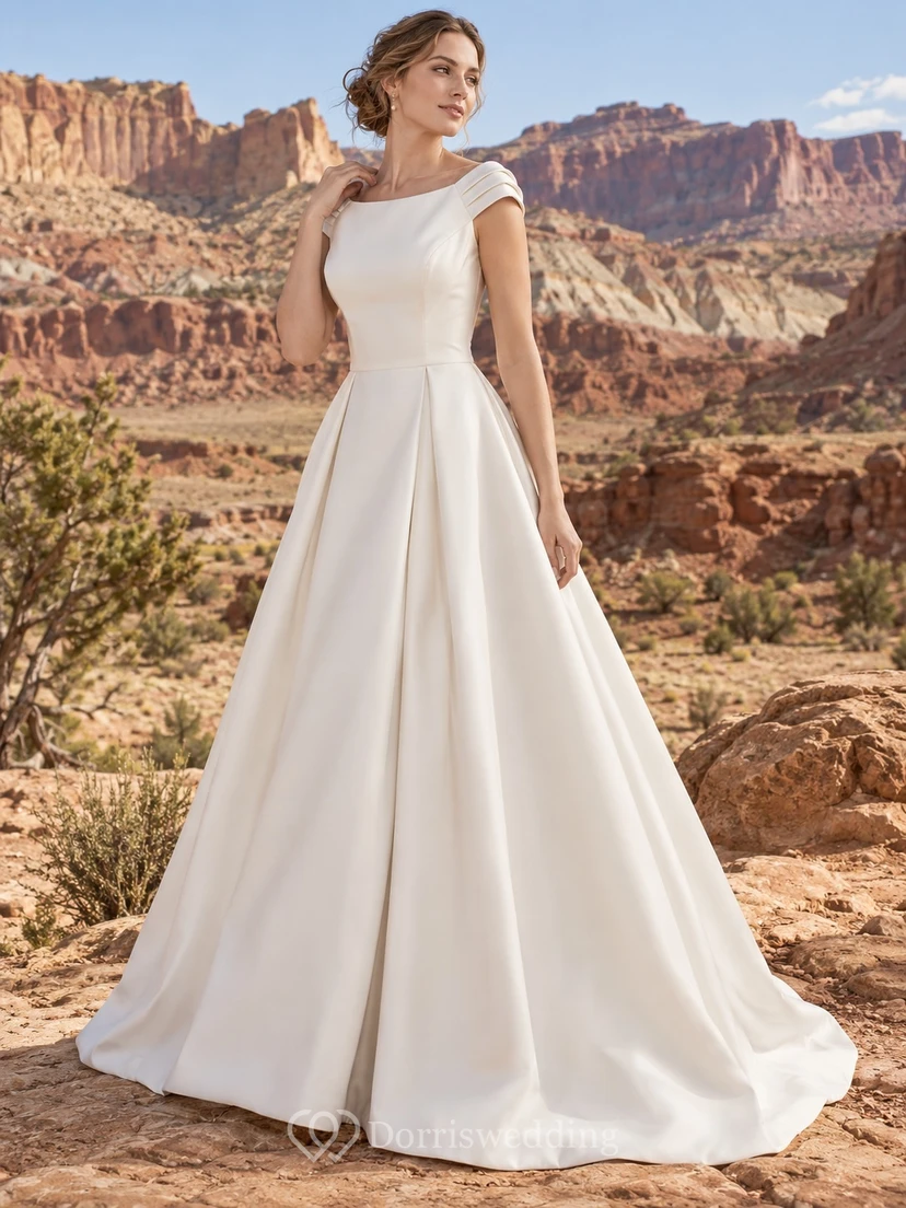 Vestido de novia sencillo de corte A, escote barco, manga corta, satén plisado y cola.