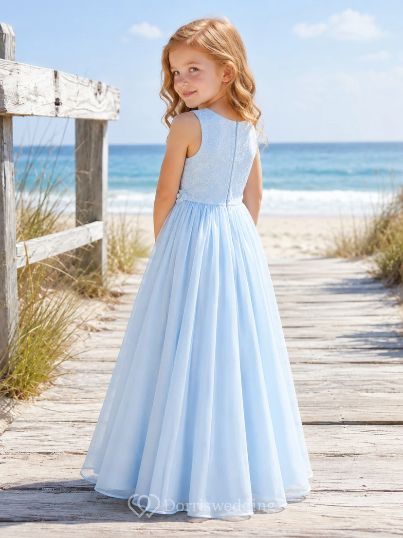A-Line Summer Beach Flower Girl Dress with Sleeveless Bodice, Flowing Chiffon Skirt, Floor-Length Hem, Natural Waist, Coastal Ceremony Style view 2