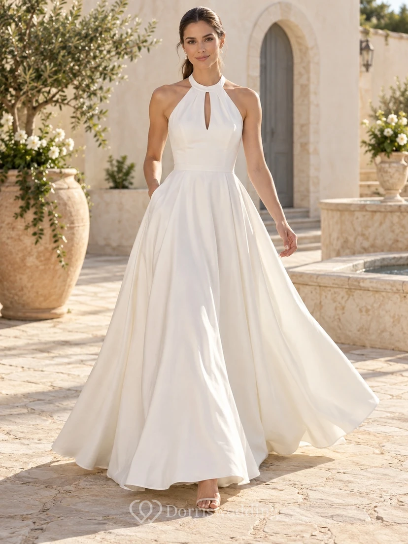 Simple Teardrop Opening Halter Sleeveless Pleated Cotton A-Line Floor Length Wedding Dress