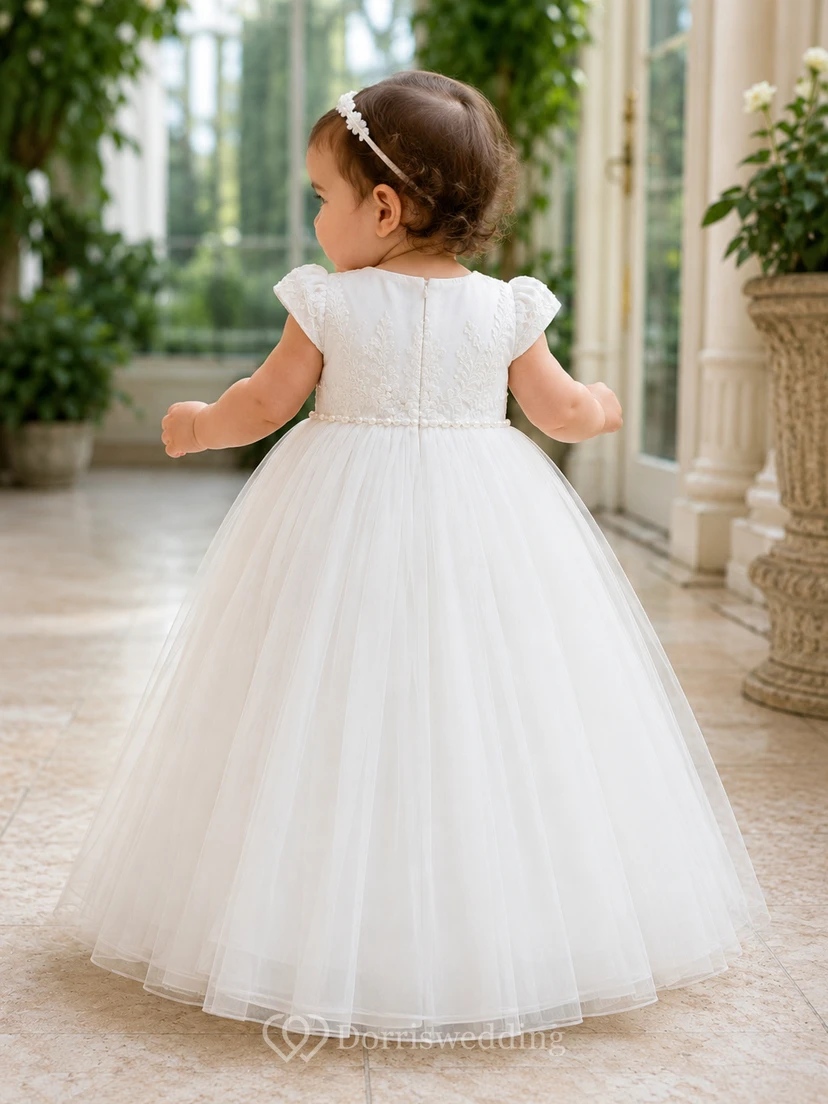 Cap Sleeve Christening Gown A-Line Tulle Lace Jewel Neck Floor-Length view 2