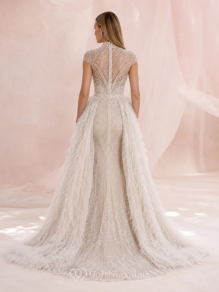 Robe de mariée sirène en dentelle à col montant et manches courtes, amovible, style chapelle view 2