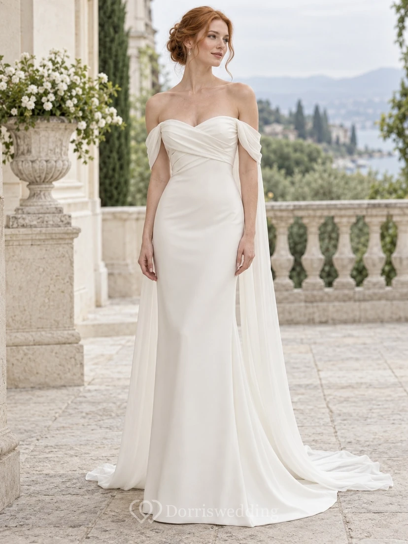 Simple Off Shoulder Sweetheart Sheath Short Sleeve Draped Crepe Floor Length Wedding Dress