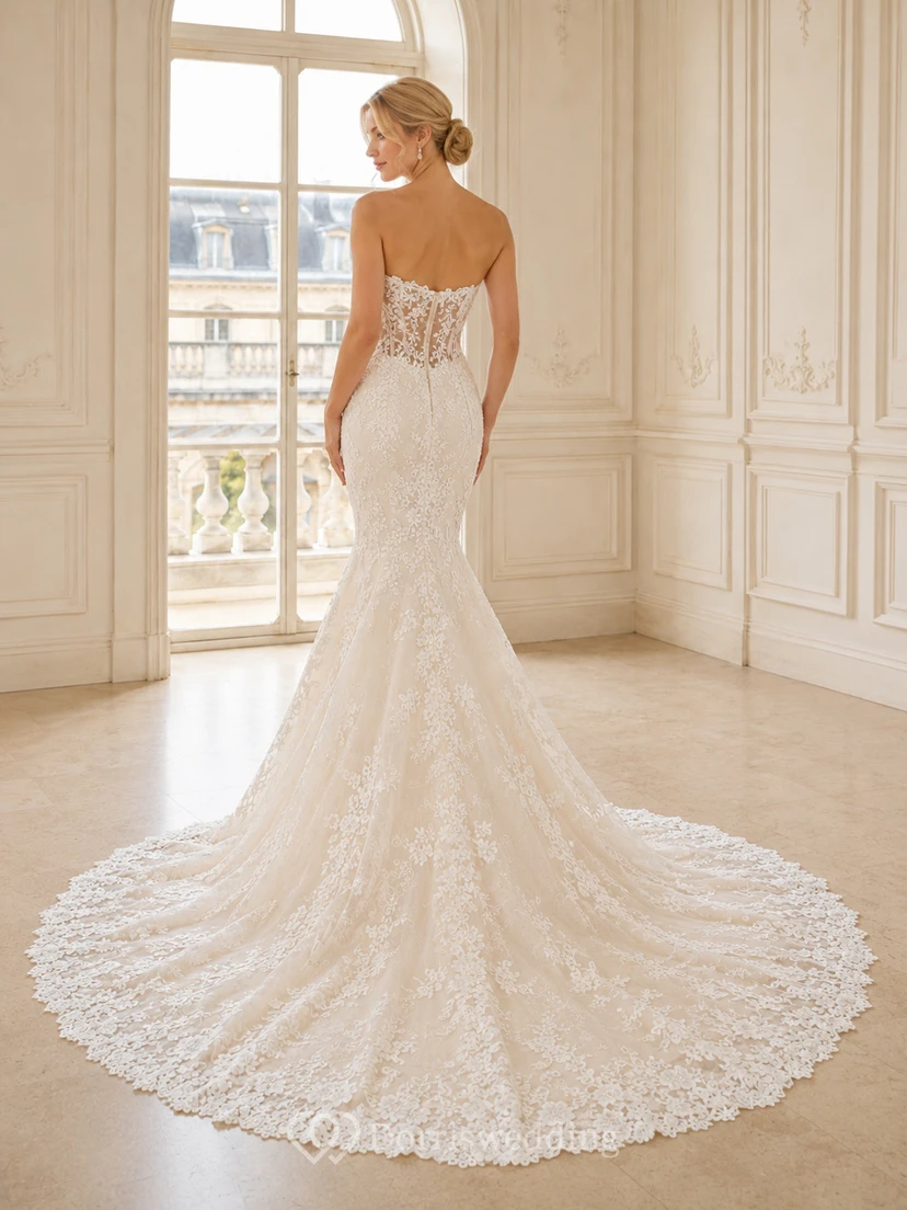 Trägerloses Brautkleid im Meerjungfrauenstil mit herzförmigem Ausschnitt, floraler Spitze und luxuriöser Kathedralenschleppe view 2