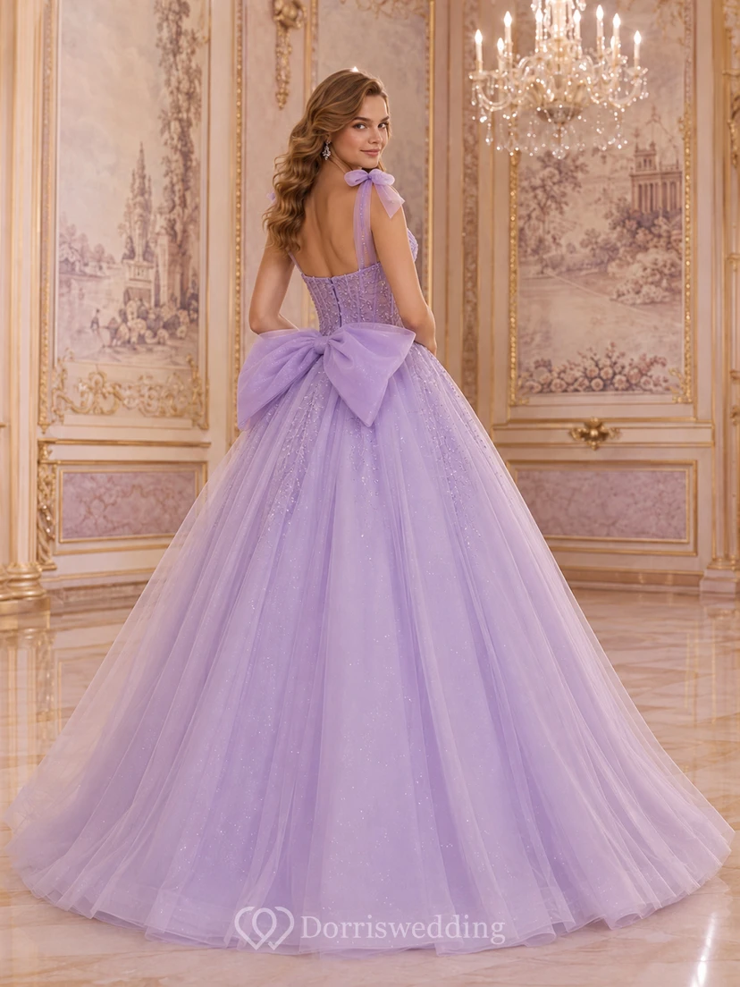 Lavender Parisian Square Strap Beaded Back Bow Tulle Quinceanera Princess Ball Gown view 2
