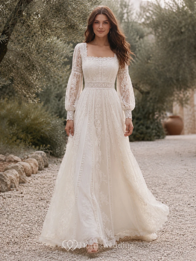Boho Square Neck Long Poet Sleeve Lace A-Line Floor-Length Wedding Dress