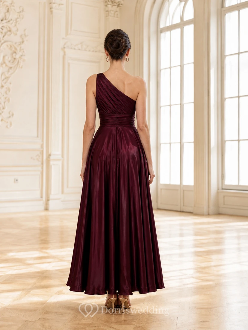 Elegant Burgundy Satin Prom A Line Ankle Length One Shoulder Ruched Dress view 2