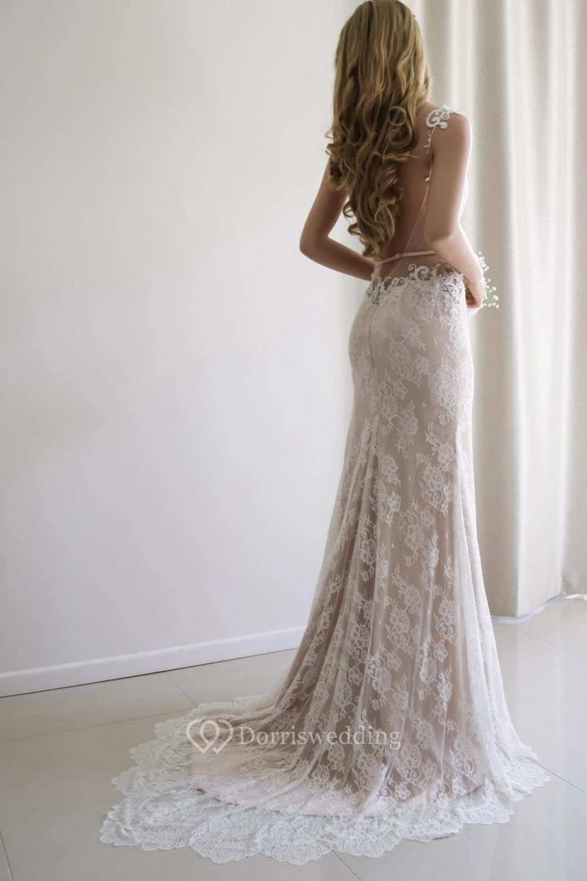 Illusion Sleeve Satin Lace Backless Wedding Dress view 2