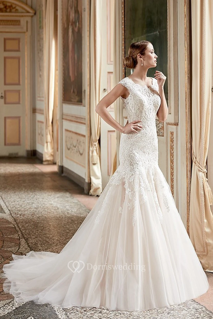 Meerjungfrauen-Maxikleid mit Applikationen, Rundhalsausschnitt, kurzen Ärmeln, Spitze und Tüll