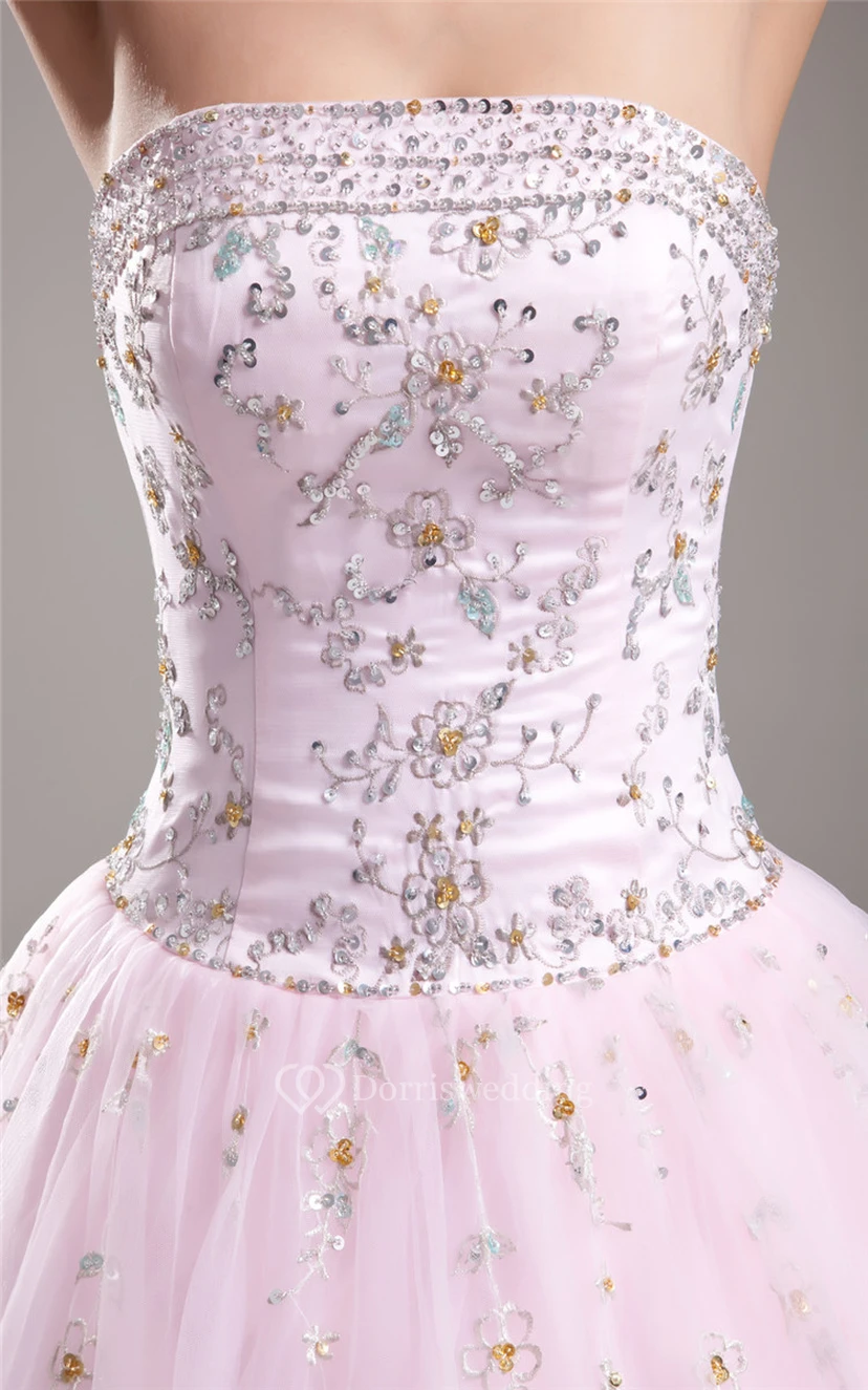 Blushing Strapless Beaded Ball Gown With Tulle Overlay view 5
