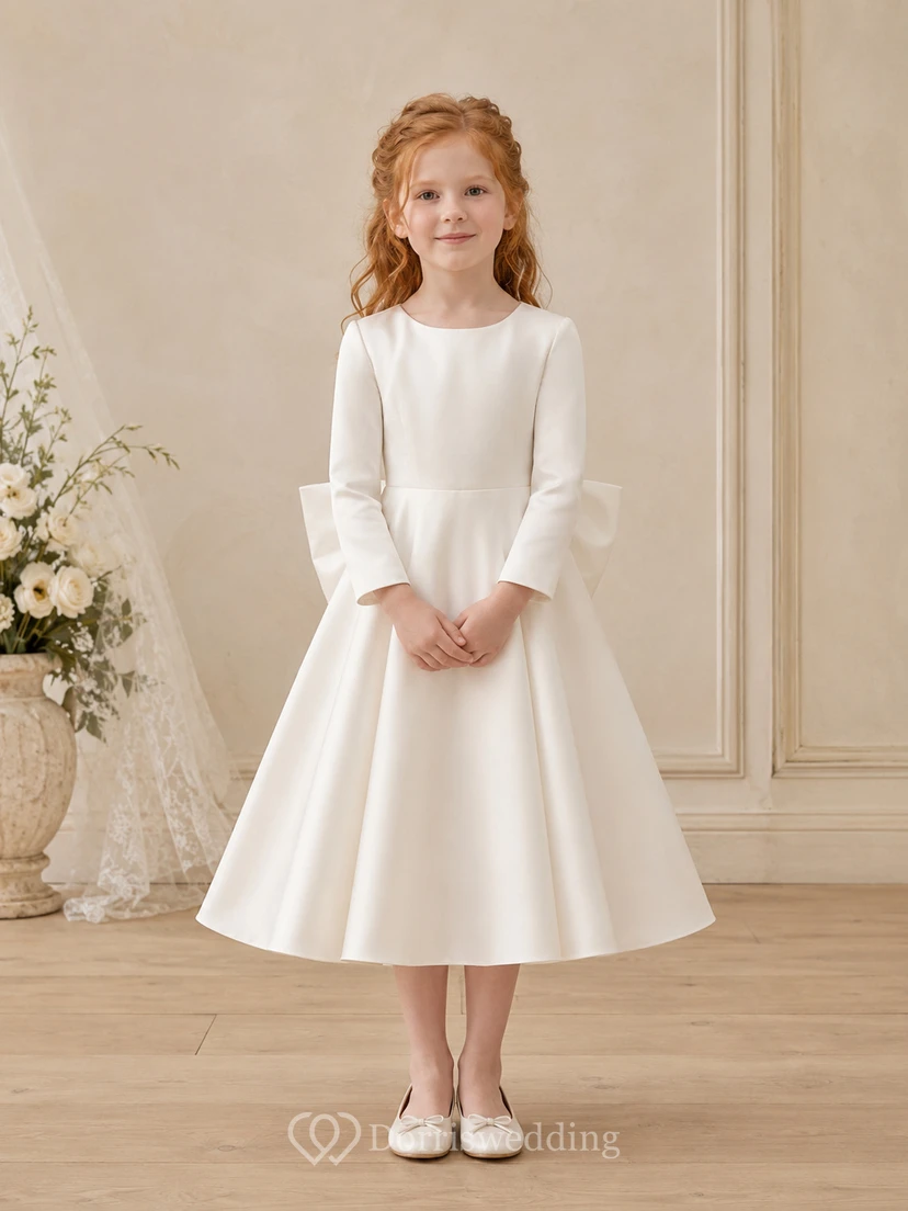 Blumenmädchenkleid aus elfenbeinfarbenem Satin, A-Linie, kurze Ärmel, Rundhalsausschnitt, Teelänge, Schleifendetail