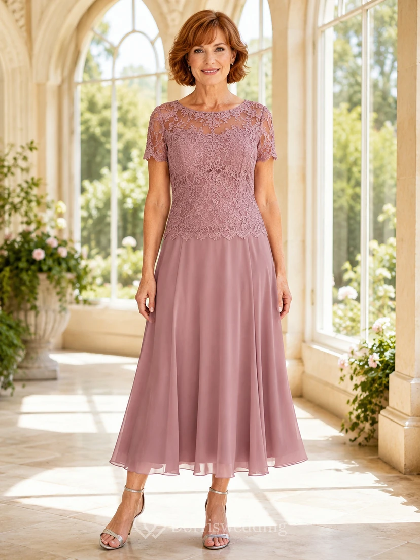 Romantisches zweiteiliges Kleid in Altrosa mit kurzen Ärmeln, floraler Spitze und A-Linien-Schnitt – perfekt für die Mutter der Braut