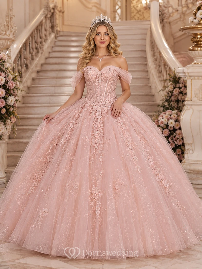 Blush Off-Shoulder Corset Applique Tulle Ball Gown Floor-Length Quinceanera Dress