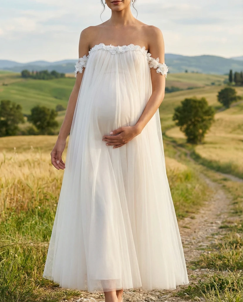 Strapless Maternity Tulle Wedding Dress with Floral Applique Off Shoulder Trim