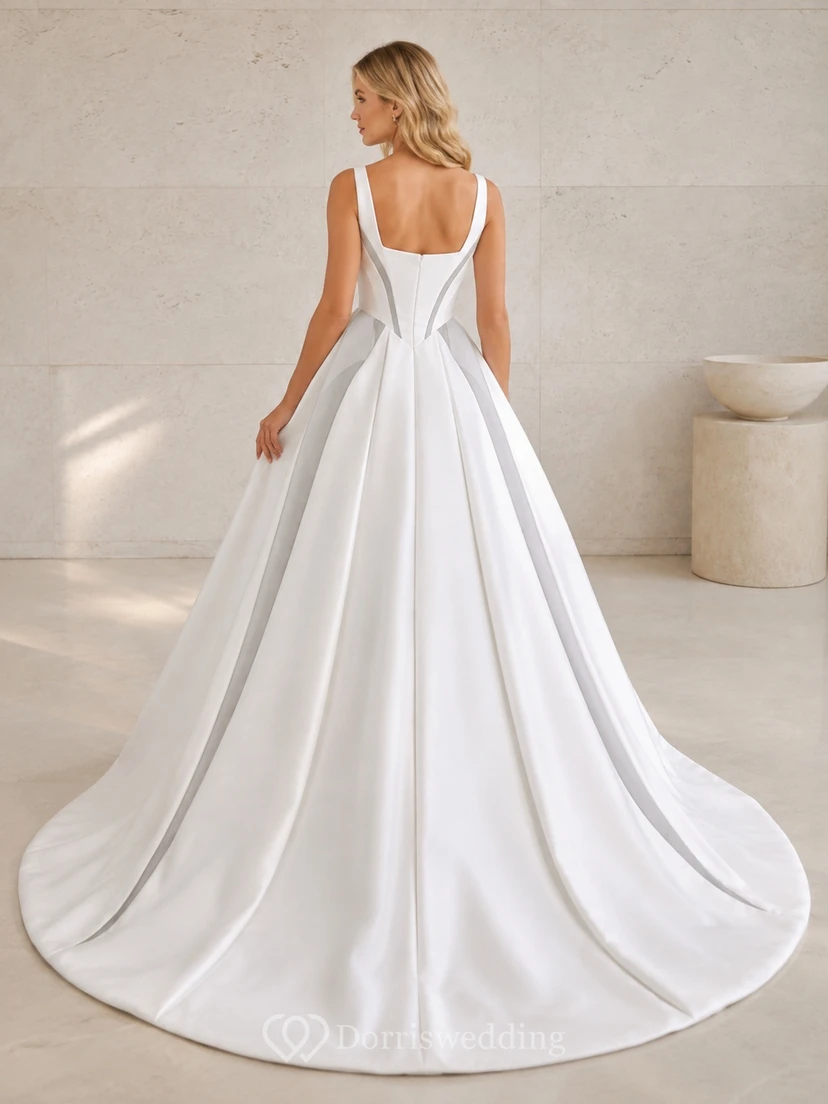 Satin-Brautkleid mit eckigem Ausschnitt, A-Linie, ärmellos, minimalistisch, modern, für standesamtliche Trau view 2