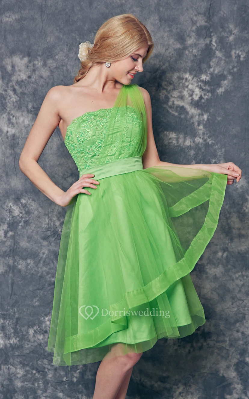 One Shoulder Appliqued Short Tulle Dress With Tiers view 5