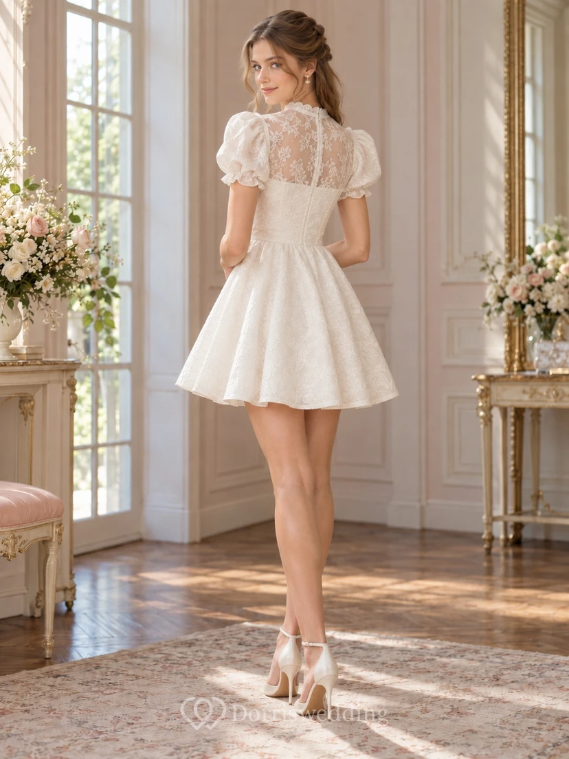 Robe cocktail trapèze courte à col montant et manches bouffantes en dentelle florale view 2