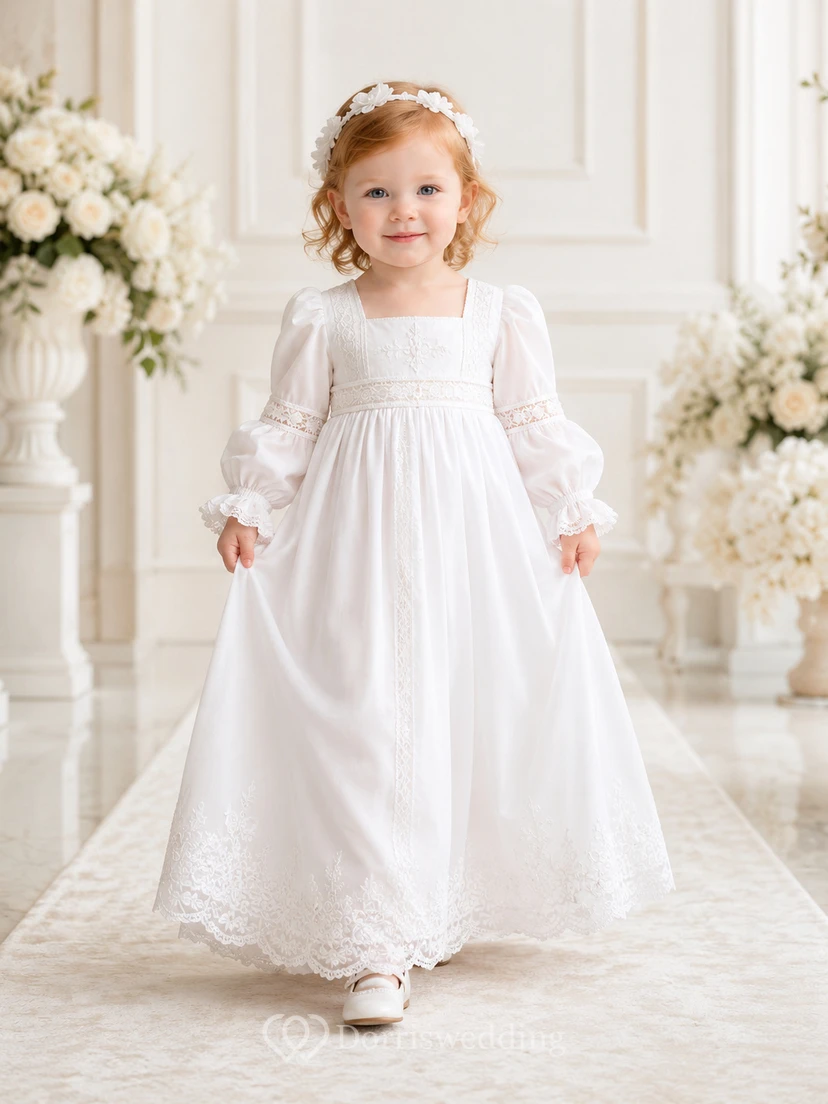 Bishop Sleeve Baptism Gown A-Line Lace Satin Square Neck Floor-Length