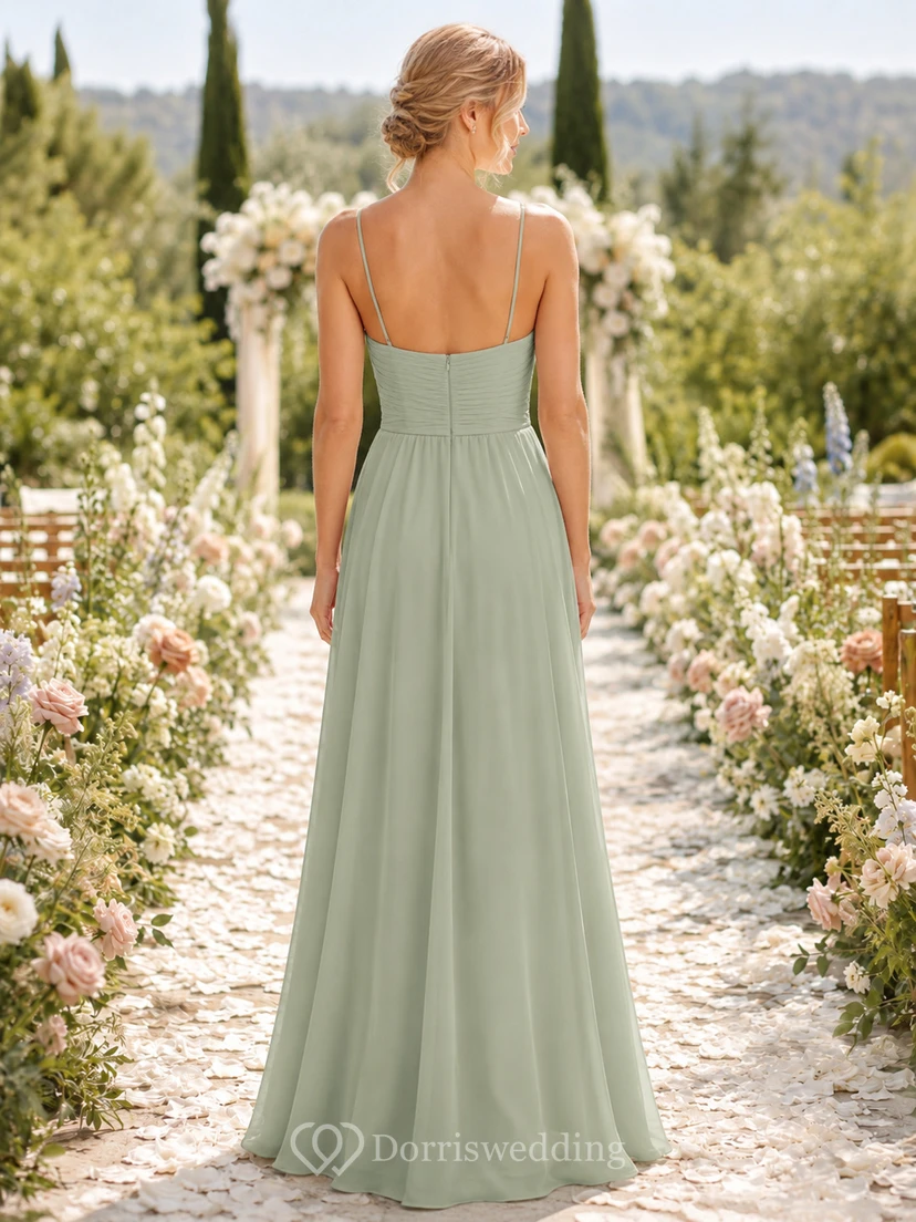 Sage green spaghetti V-neck chiffon floor length bridesmaid dress view 2