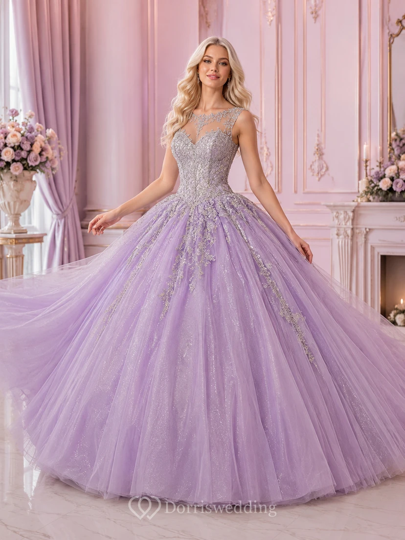 Robe de bal de princesse lilas argentée à manches courtes en brocart métallique, robe de bal de quinceañera.