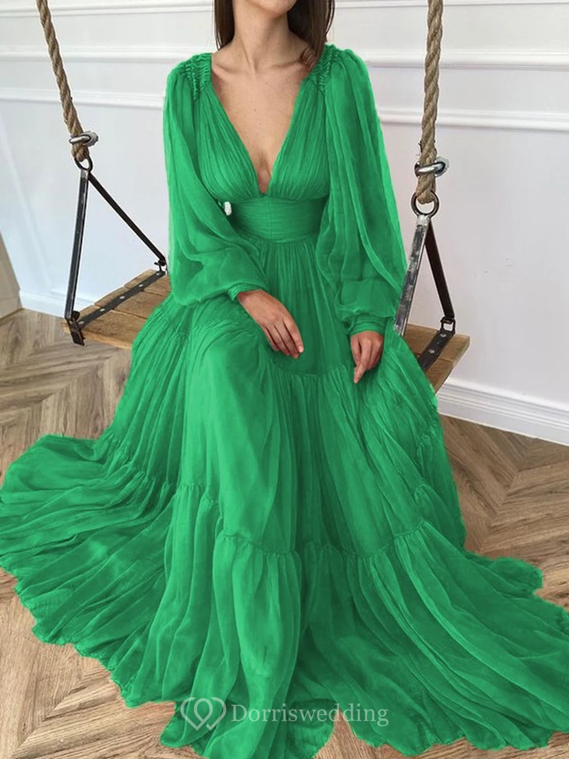 Sexy V-neck Puff Long Sleeve Chiffon Layered Empire Dress view 11