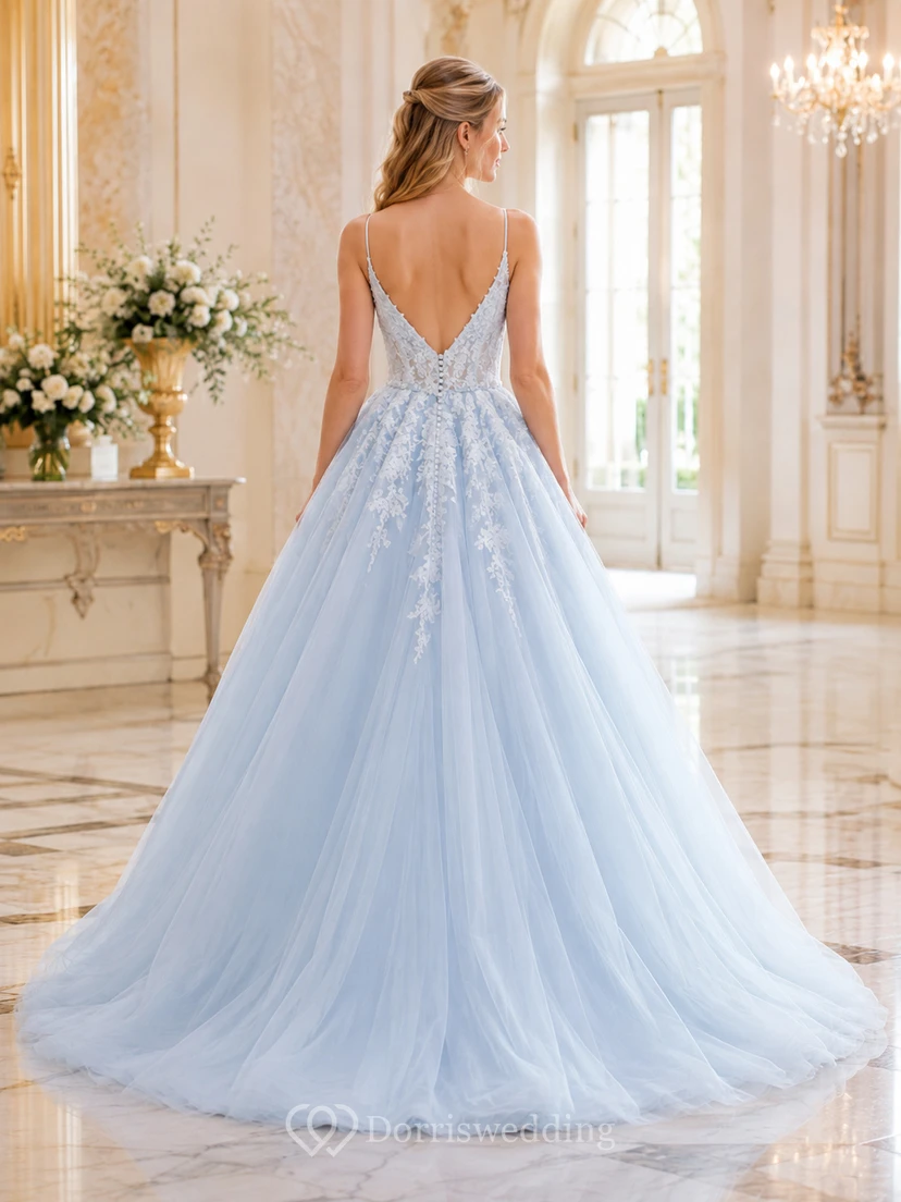 Himmelblaues, tief ausgeschnittenes V-förmiges Spitzenkorsett-Tüll-Ballkleid Hochzeitskleid view 2