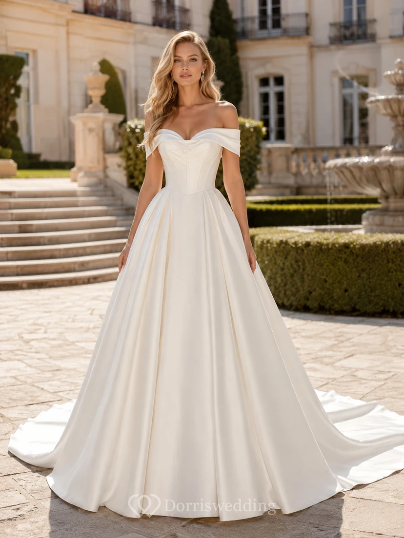 Robe de mariée en satin et tulle, robe de bal, épaules dénudées, traîne, dos nu en V