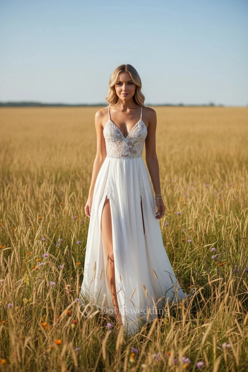 Spaghetti Sexy Chiffon Flowy Lace Wedding Dress with High Slit view 3