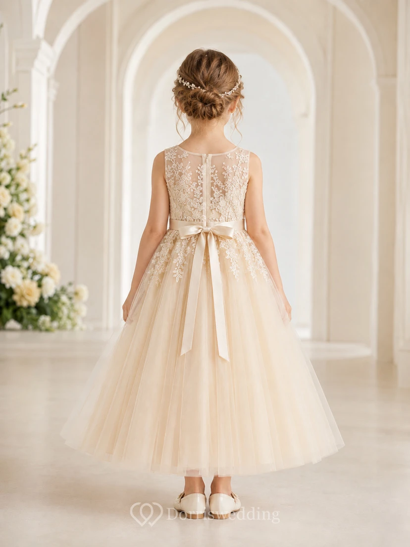 Flower Girl Dress Champagne Lace Tulle A-Line Jewel Neck Tea Length view 2
