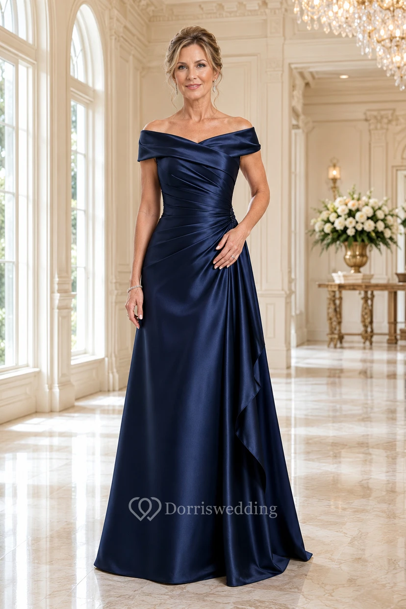 Dunkelblaues schulterfreies A-Linien-Kleid aus Satin für Mütter
