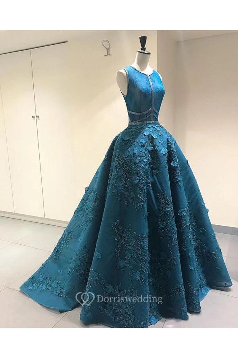 Elegantes, bodenlanges A-Linien-Abendkleid mit aufwendigen Applikationen, Rundhalsausschnitt und Schleppe view 3
