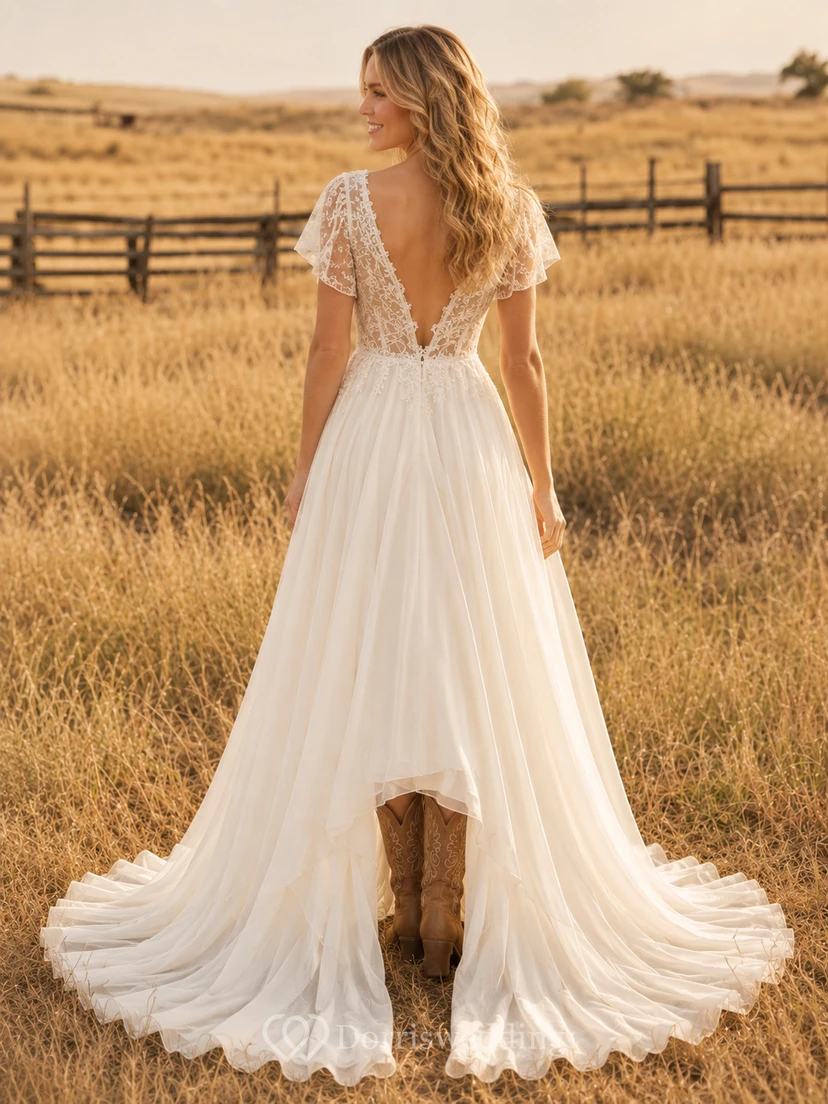 Country A-Line Wedding Dress with V-Neck Lace Bodice and Cap Sleeves Romantic Bohemian Tulle Short Sleeve view 2