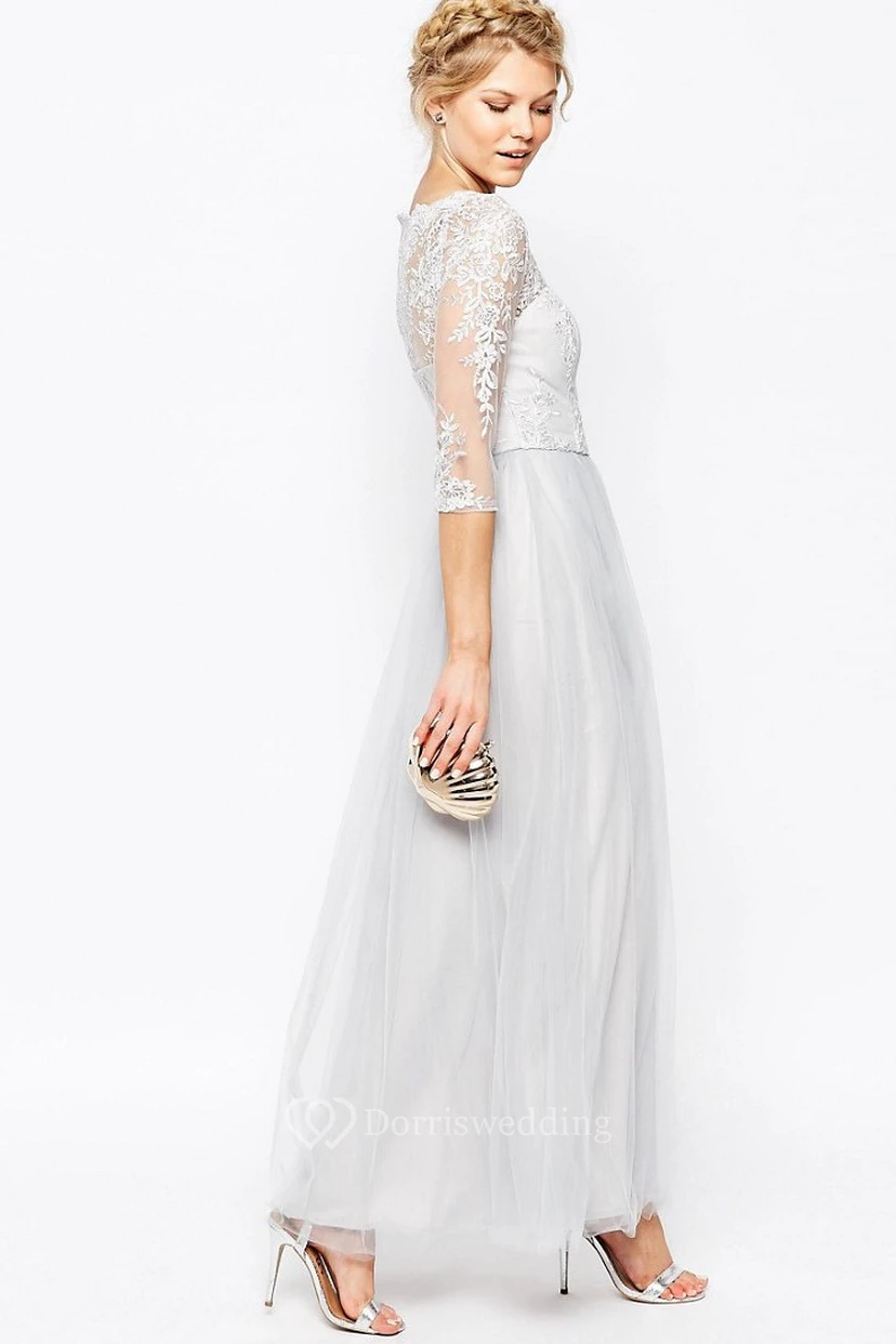 Ankle-Length Appliqued Bateau Neck Half Sleeve Tulle Bridesmaid Dress view 3