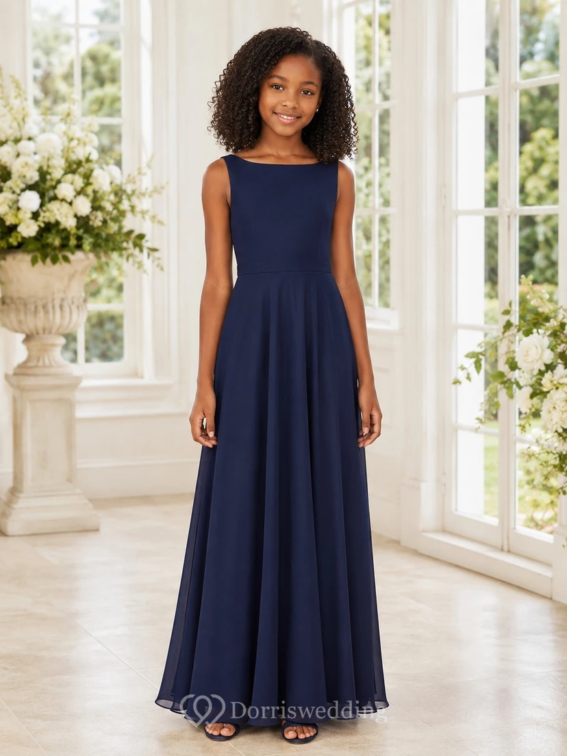 Dark Navy Junior Bridesmaid Dress A-Line Bateau Sleeveless