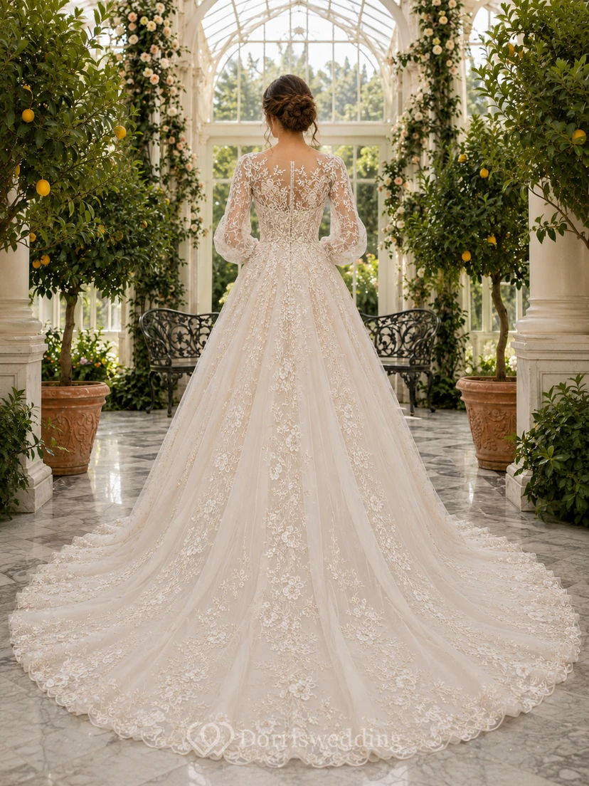 High Neck Long Sleeve Floral Conservatory Ball Gown view 2