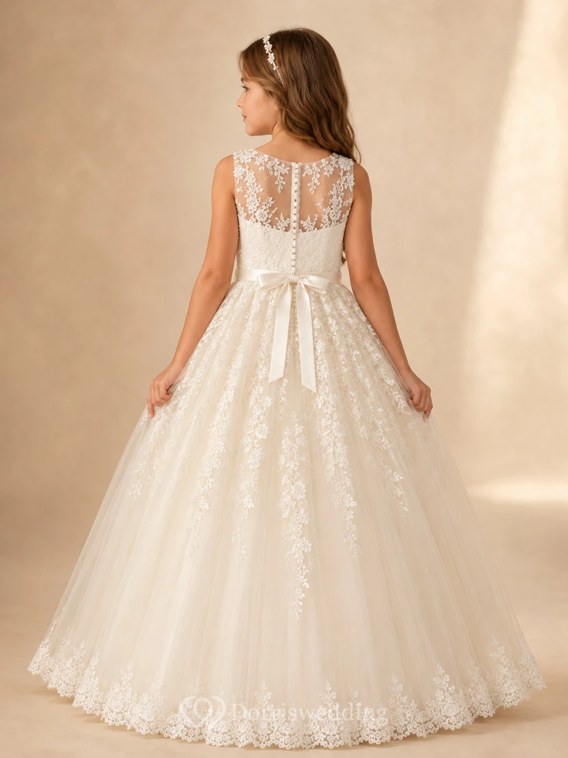 Blumenmädchenkleid, elfenbeinfarbenes Ballkleid aus Spitze und Tüll, mit Rundhalsausschnitt, bodenlang, mit Schärpendetails view 2