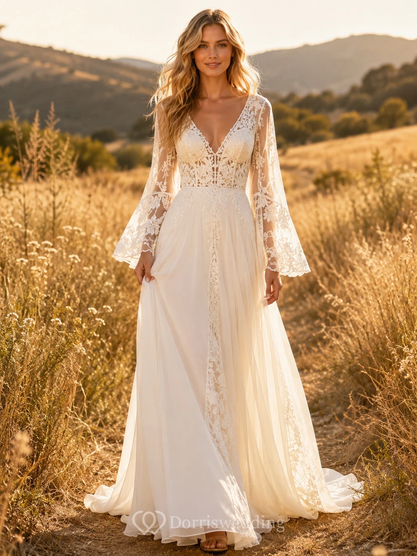 Brautkleid im A-Linien-Stil mit Glockenärmeln aus böhmischer Spitze und goldenem Wiesenmuster