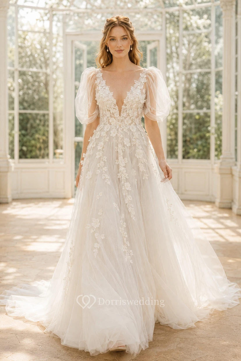 Wedding A-Line Tulle Dress with Puff Sleeves, V-Neck Lace Bodice, and Train