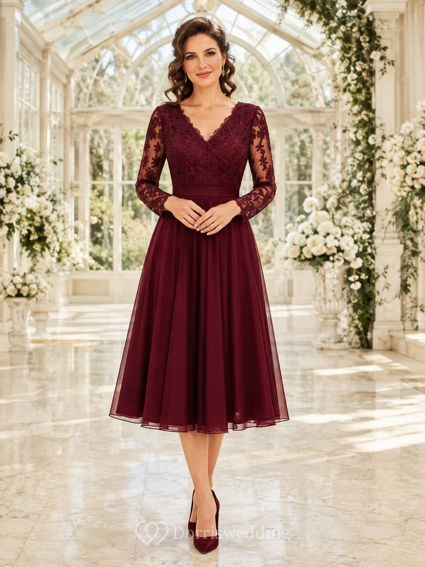 Burgundy Long Sleeve V-Neck Tea-Length Lace A-Line Evening Dress