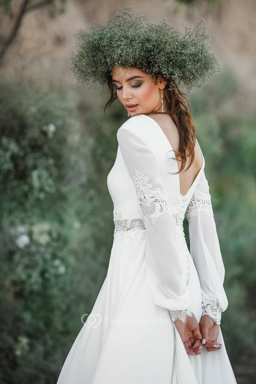 Schlichtes, langärmeliges Boho-Chiffon-Hochzeitskleid mit Rundhalsausschnitt und Chiffon-Muster, elegant für den Landhaus view 6