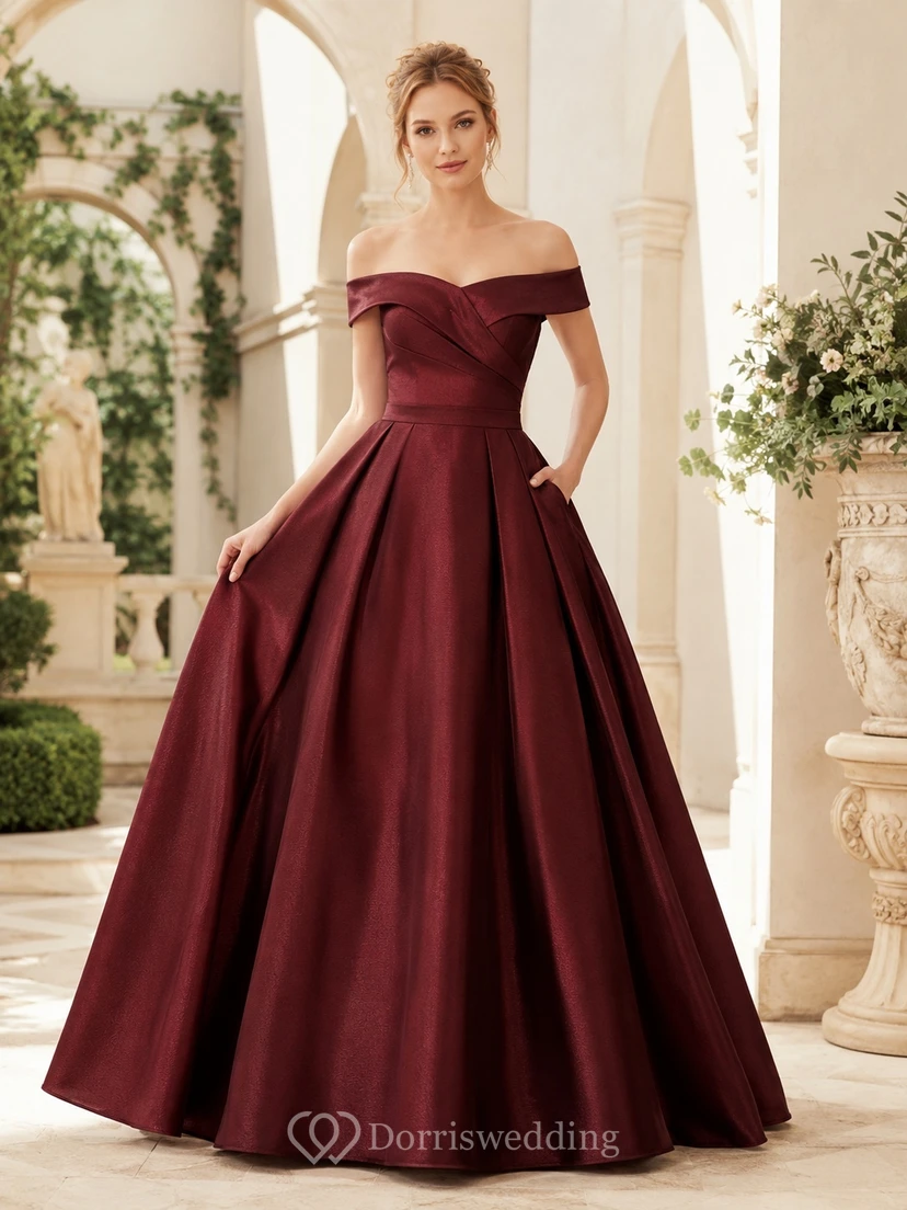 Off-Shoulder Burgundy Pleated Satin Ball Gown Floor-Length Pockets Formal Dress