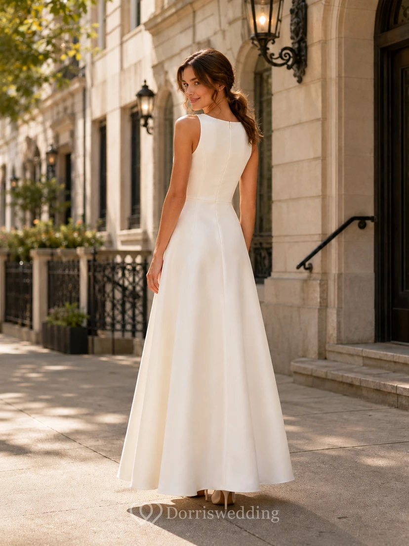 Simple Jewel Neck Satin Wedding A Line Sleeveless Ankle Length Courthouse view 2